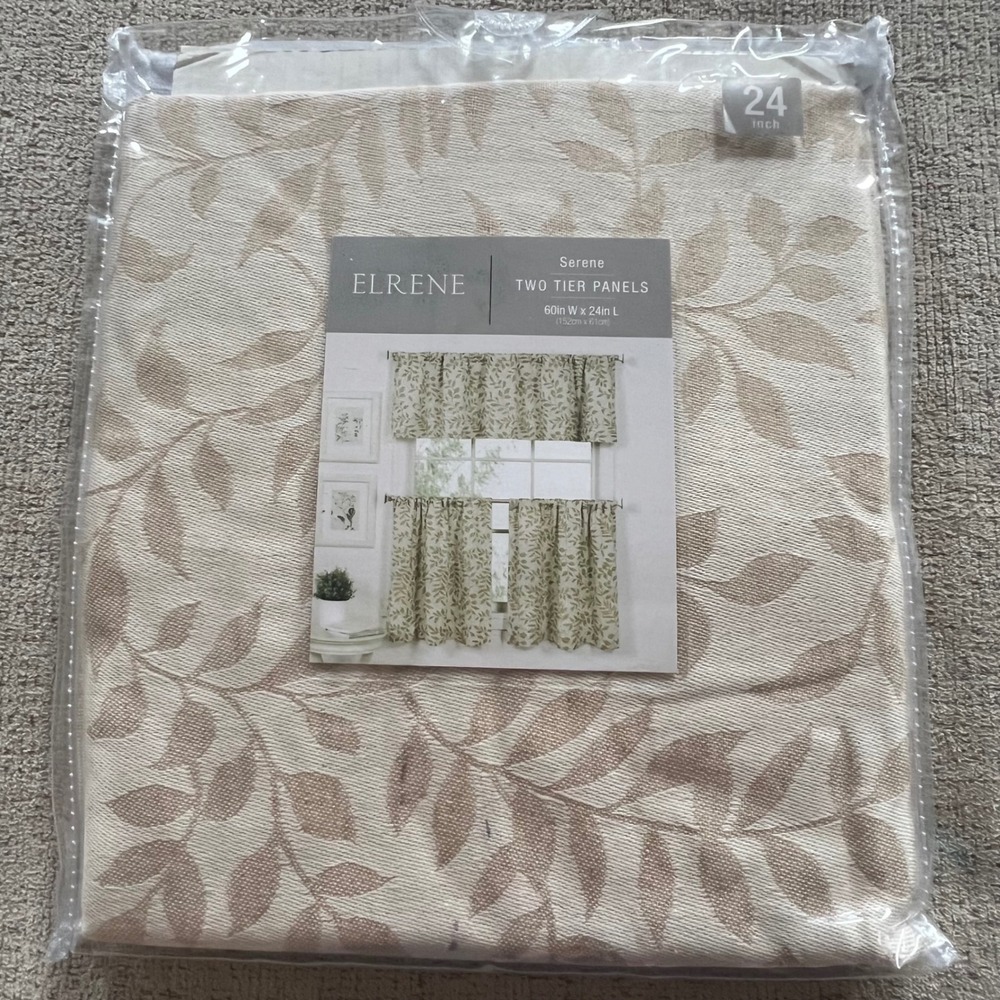 Elrene Serene Two Tier Panels Linen Leaf Vine Rod Pocket Curtains 60x24 731-1044